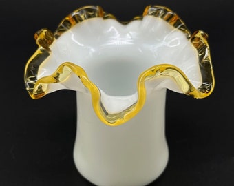 Lovely Vintage Fenton Ruffled Amber Crest Milk Glass 4" Vase