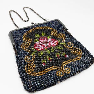 Antique German Hand Beaded Evening Purse With Floral Bouquet Design Chain Handle