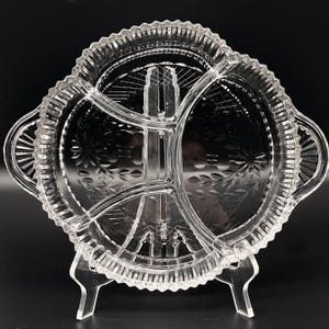 Stunning Vintage Tiffin Clear Cut Crystal Floral Etched Divided Serving Platter/Handles