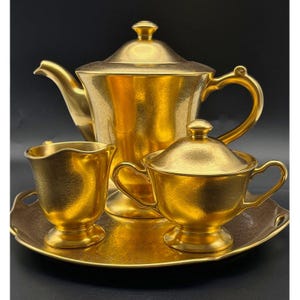 Pickard Rose & Daisy Gold Gilt Tea Set Teapot Sugar Creamer and Tray Circa 1930s