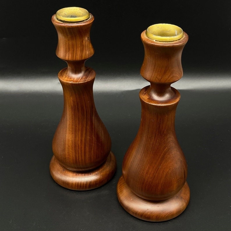 Vintage Pair Turned Wood MCM Design Candlestick Holders W/brass Candle ...