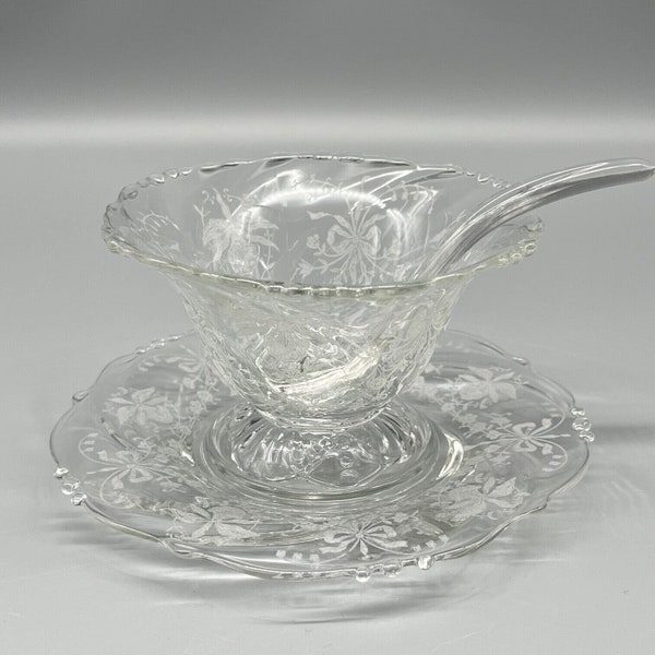 Vintage Heisey Etched Glass Orchid Mayonnaise Footed Bowl Saucer and Ladle