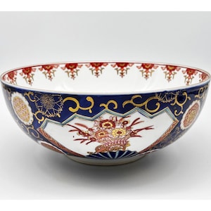 Bol de 11 pouces en porcelaine du Japon Imari, bleu foncé, rouge, peint à la main