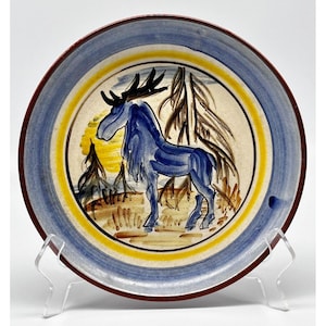 Vintage handmålad finsk konststudio, rödgods, keramik, älg, väggtallrik, 23 cm