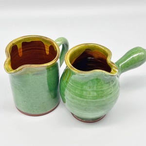 Two Vintage Artisan Studio Pottery Green and Brown Drip Glaze Pitchers