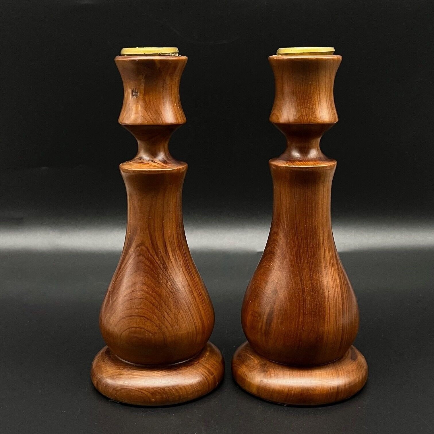 Vintage Pair Turned Wood MCM Design Candlestick Holders W/brass Candle ...