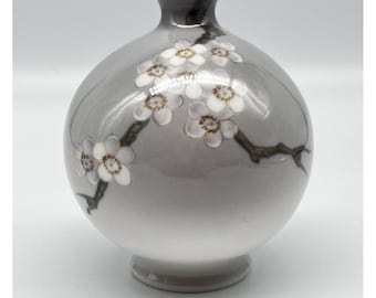 ビング＆グロンダール デンマーク製 磁器花瓶 手描き花柄 グレーパレット
