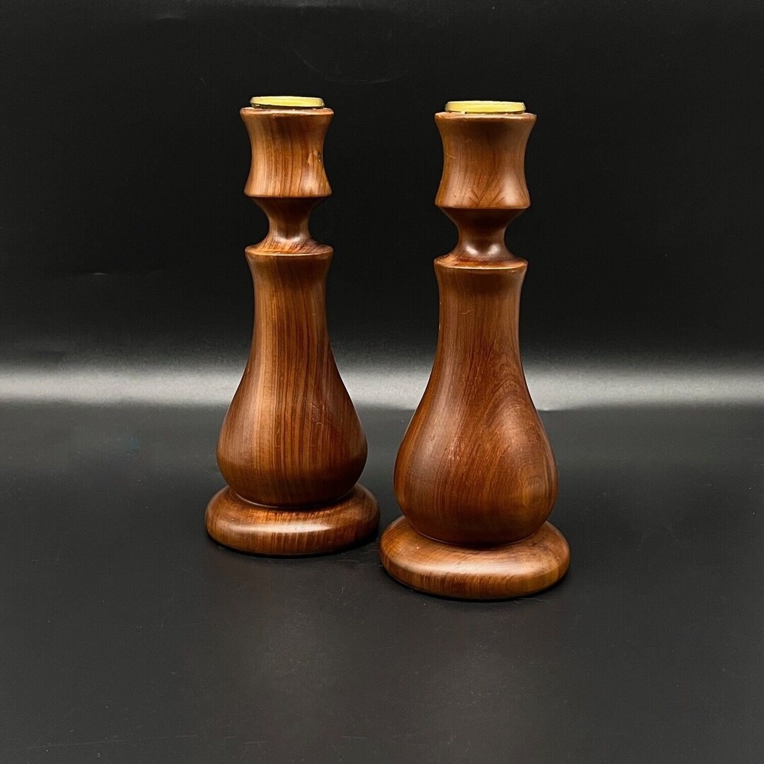 Vintage Pair Turned Wood MCM Design Candlestick Holders W/brass Candle ...
