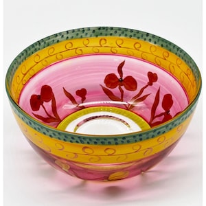 Beautiful Hand-Painted Fiasco Inc Art Glass Bowl With Bright Floral Design