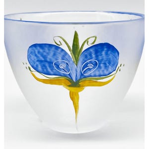 Rare Sea Glasbruk Kosta Sweden Crystal Glass Bowl/Vase Hand-Painted Blue Floral