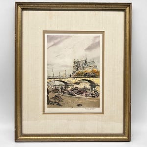 Signed Notre Dame Paris Etching by French Artist Eugene Veder In 13&quot; X 16&quot; Gold Frame