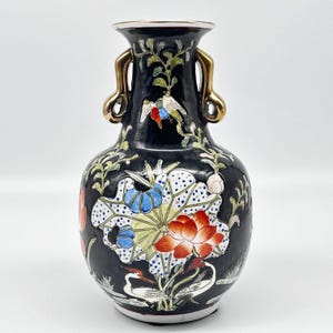 Vintage Chinese Signed Hand-Painted Floral 9" Vase With Birds and Gold Accents