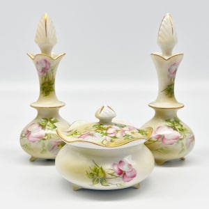 Hand-Painted Nippon Porcelain Perfume Bottles Powder Box Pink Floral Vanity Set