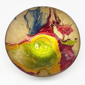 Abstract Swirl Reverse-Painted Gold Green Red Blue Yellow Art Glass 9.5&quot; Bowl