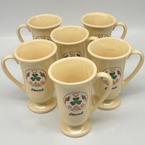 Set/6 Vintage Pennsylvania Dutch Shamrock Pedestal Irish Coffee Mugs