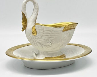 Antique GL France Bisque Porcelain Swan Gravy Boat/Underplate w/Heavy Gilding