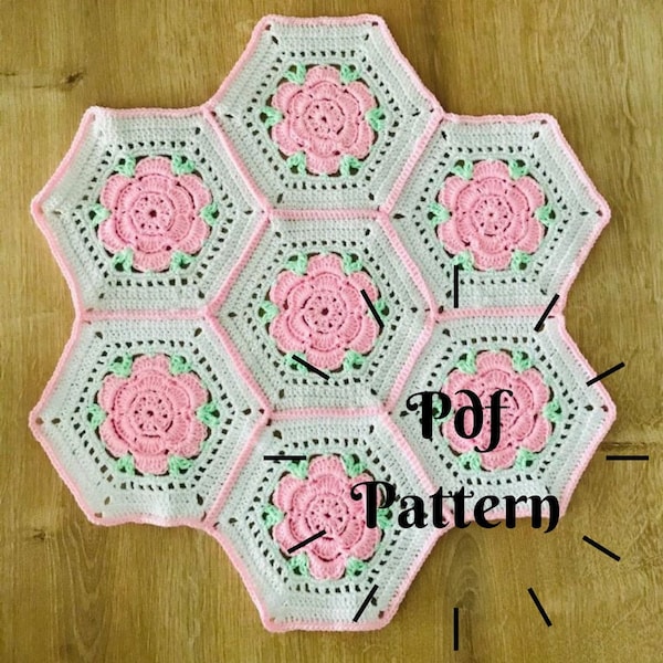 Crochet Rose Hexagon Pattern, Placemat Pattern, Flower Motif, Afghan Motif, Dinner Table Mat, Home Decor, Easy Crochet Pdf Pattern Doily