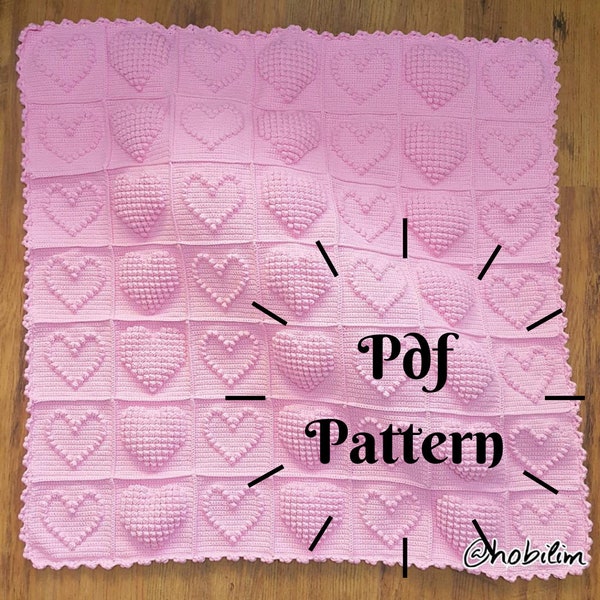 Crochet Bobble Heart Blanket Pattern, Crochet Heart Pattern, Afghan Baby Blanket, Crochet Joining Method, Crochet Edging PDF,