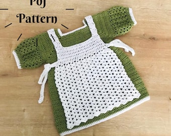 Crochet Apron Baby Dress Pattern, 1 Year Old Baby Dress,  Crochet Vintage Dress Pattern, Puff Sleeve Dress, Baby Girl Outfit
