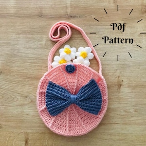 Crochet Girl Bag Pattern, einfach häkeln Geldbörse, Kinderhandtaschenmuster, Kleinkind Geldbörse, häkeln Bogen, Sling Bag, rosa Geldbörse
