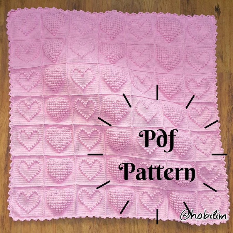 Bobble Heart Squares crochet baby blanket pattern listing photo by CharkaDesign