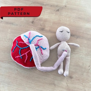 May include: A crocheted doll with closed eyes and a crocheted placenta. The placenta is red and white with blue and pink veins. The doll is light pink and connected to the placenta by a crocheted umbilical cord. The text "PDF PATTERN" is in a red banner.