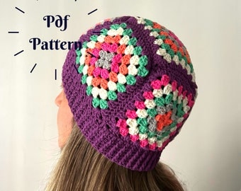 Crochet Granny Square Beanie Pattern, Easy Crochet Hat, Boho