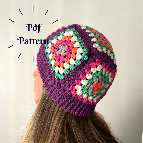 Crochet Granny Square Beanie Pattern, Easy Crochet Hat, Boho Crochet Pattern, Vintage Colorful Beret PDF