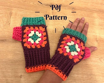 Crochet Fingerless Gloves Pattern, Granny Square Mitten Pattern, Easy Crochet Wrist Warmer, Crochet Women Accessory