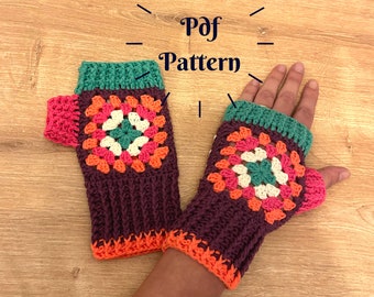 Patrón de guantes sin dedos de crochet, patrón de manoplas cuadradas de abuela, calentador de muñeca de crochet fácil, accesorio de crochet para mujer