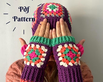 Patrón de gorro y guantes sin dedos de crochet, patrón de gorro cuadrado de abuela, manopla de crochet fácil, boina vintage y calentador de muñecas