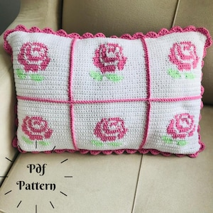 Crochet Pillowcase Pattern, Handmade Cushions, Sofa Pillow PDF, Easy Crochet Pattern, Pillow Cover, Crochet Pink Rose