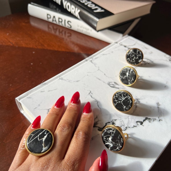 Marble Statement Ring; Black Marble Ring; Statement Ring; Black and White Ring, Black and White Jewelry; Circle Ring; Cocktail Ring