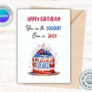 Personalized 4'th of July Birthday Card, Digital Printable Self-Edit Template PDF JPG 5x7 inches Print at Home, Make Your Own Handmade Card
