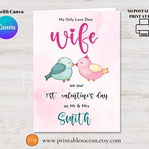 Tarjeta personalizada del 1er día de San Valentín como Sr. y Sra. para esposa imprimible, primer día de San Valentín como tarjeta personalizada casada, tarjeta del 1er aniversario