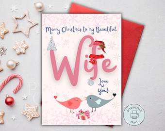 Printable Christmas Card for Wife, Merry Christmas Wife Card, Xmas Card Wife, Season Greeting card for Wife, Instant Digital Download Card.