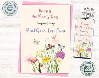 Watercolor Floral Happy Mother’s Day Card To My Mother In Law from Daughter In Law Printable Last Minute Homemade 5x7 Inches Card and E-card