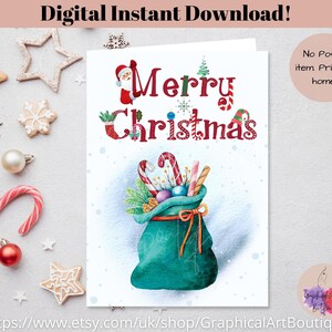 Tarjeta de regalo de Navidad imprimible, tarjeta de feliz Navidad decorada con escritura a mano con Papá Noel y adornos, tarjeta de bastón de caramelo de 5x7 pulgadas