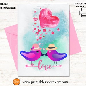 Carte de Saint Valentin imprimable, carte de Saint Valentin drôle, carte d'amour faite à la main, carte mignonne d'oiseaux d'amour pour l'anniversaire de la Saint Valentin