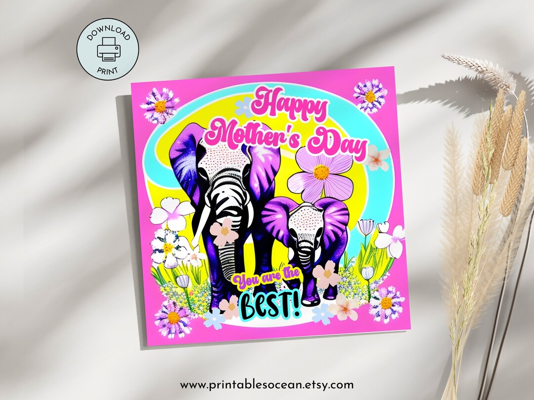 Printable Mothers Day Card Floral Cute Elephants Instant Download Last ...
