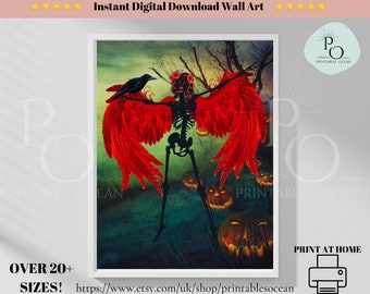 Skeleton Wings Wall Art Print for indoor Decorations, Halloween Skeleton Wall Art Printable, Digital Instant Download Skeleton Poster.