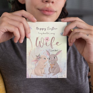 Happy Easter Card for Wife Printable Handmade in Watercolor, Easter Bunny Rabbit Folded Card, 5x7 inches Card, Easter E-card Postcard image 2