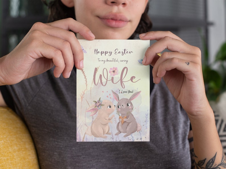Happy Easter Card for Wife Printable Handmade in Watercolor, Easter Bunny Rabbit Folded Card, 5x7 inches Card, Easter E-card Postcard image 2