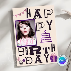 Carte d'anniversaire personnalisée imprimable, carte photo à retoucher soi-même, 5 x 7 pouces, dernière minute, téléchargement immédiat, jolie carte moderne et amusante pour elle