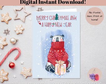 Printable Funny Polo Bear Christmas Card, Merry Christmas and a Happy New Year Card, Instant Digtal Download Card, Xmas Bear Card 5x7 inches