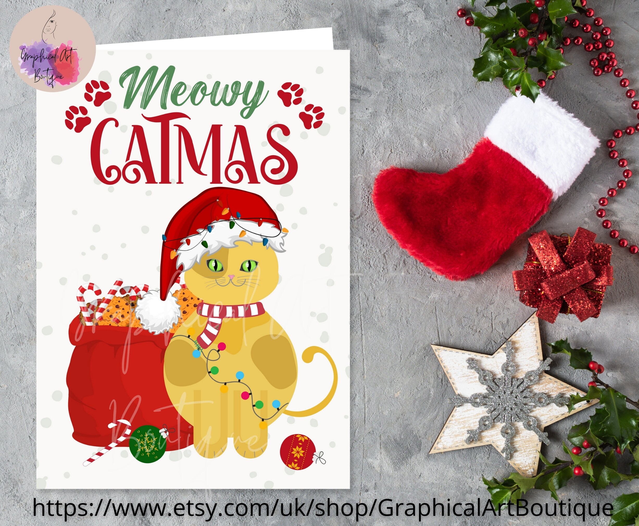 Cat Christmas Card Printable, Meowy Catmas Christmas Card, Funny Santa ...