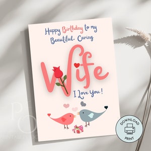 Carte de joyeux anniversaire pour femme imprimable numérique fait main mignon romantique je t'aime carte dernière minute téléchargement immédiat 5 x 7 pouces impression facile à la maison