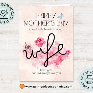 Cartão de Dia das Mães para Esposa para Imprimir, Cartão Floral Feliz Dia das Mães para Esposa, Cartão Floral Único para Esposa para o Dia das Mães 5x7 polegadas