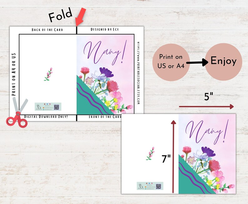 Mother's Day Card for Nanny Printable Floral Handmade, Birthday Card ...