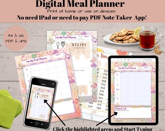 Weekly meal planner digital, printable, editable. Meal planner printable bundle. Meal planner and shopping list, baking charts, recipe pages